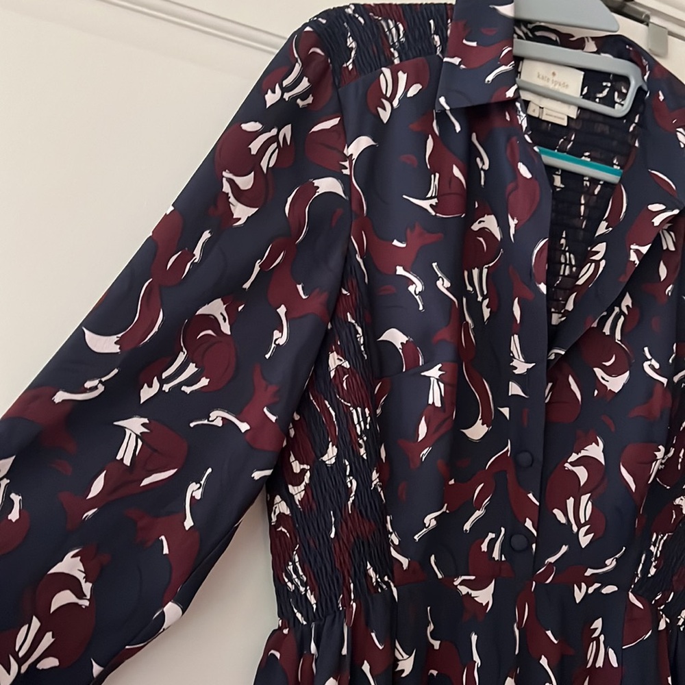 KATE SPADE Navy Smocked Fox Print Long Sleeve Pippa Middleton Shift Dress Sz 4 - Picture 10 of 16
